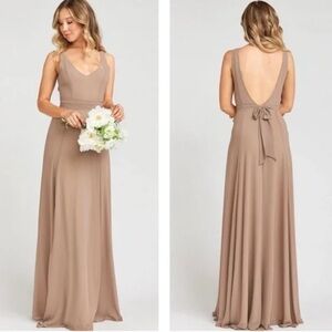 NWT Show Me Your Mumu Taupe Chiffon Deep V Maxi Dress Size Small Bridesmaid long